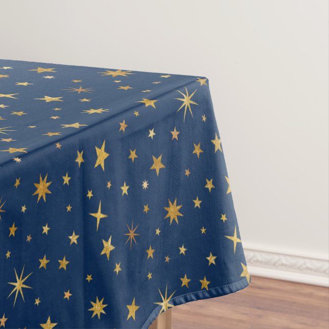     Golden Celestial Stars Pattern Navy Blue Party Tablecloth (In Situ)
