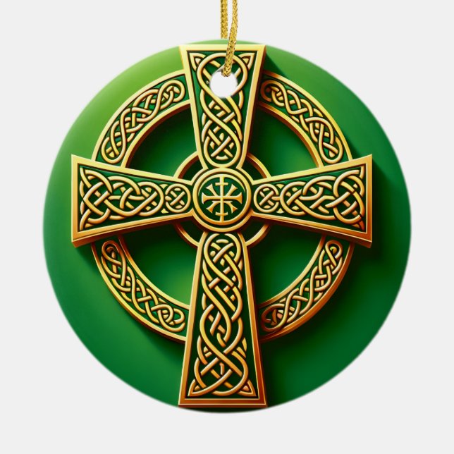 Golden Celtic Cross on Green Ceramic Tree Decoration (Front)