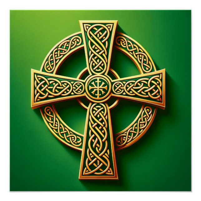 Golden Celtic Cross on Green Poster (Front)