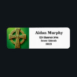 Golden Celtic Cross on Green Return Address<br><div class="desc">This design showcases a majestic Celtic cross in a resplendent gold colour set against a vivid green background. Renowned for its distinctive circle intersecting the cross arms, the Celtic cross in this artwork is adorned with traditional Celtic knot patterns, adding depth and historical context. The metallic gold hue of the...</div>