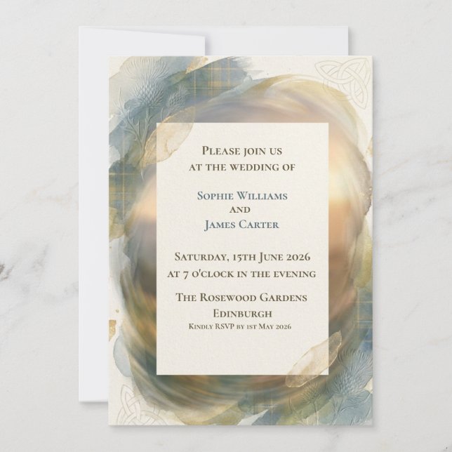 Golden Celtic Fluid Art Thistle Wedding Invitation (Front)