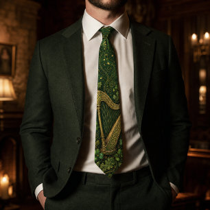 Golden Celtic Harp & Musical Notes Forest Green Tie