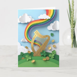 Golden Celtic Harp Rainbow Papercraft St Patricks Card