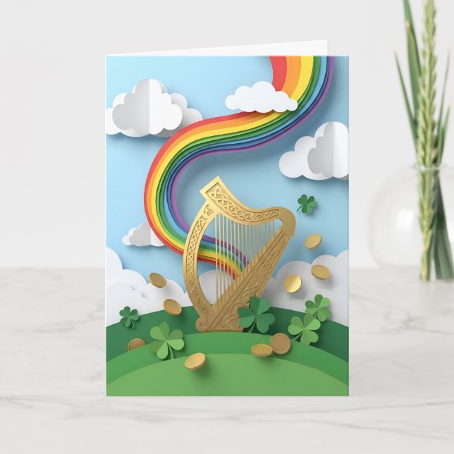 Golden Celtic Harp Rainbow Papercraft St Patricks Card (Front)