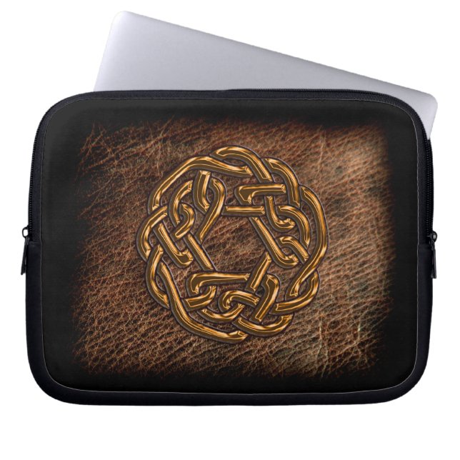 Golden celtic knot on geniune leather laptop sleeve (Front)