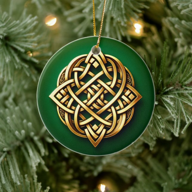 Golden Celtic Knot on Green Ceramic Tree Decoration (Tree)