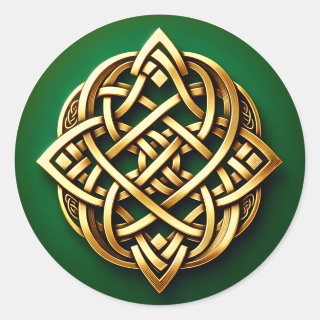 Golden Celtic Knot on Green Classic Round Sticker (Front)