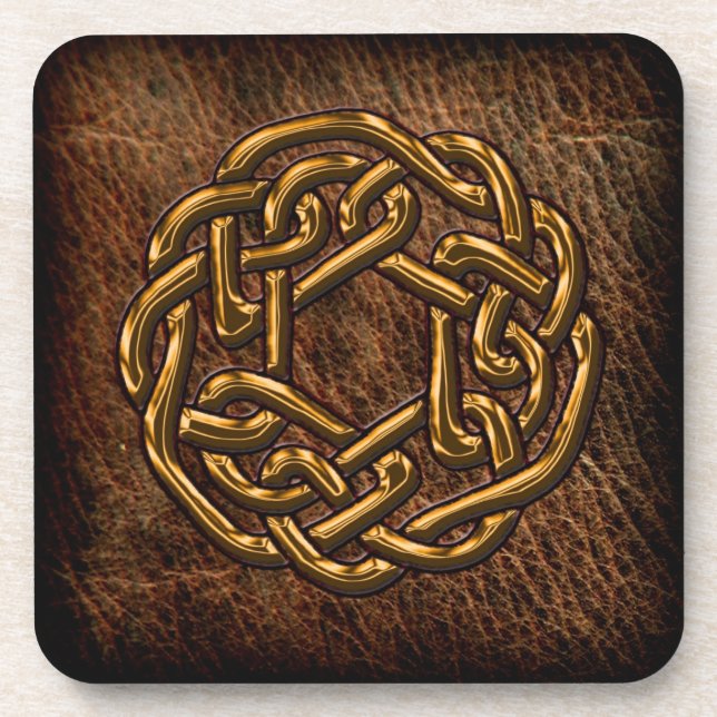 Golden celtic knot on leather coaster (Front)