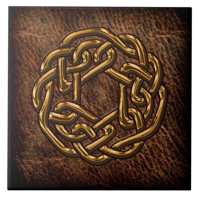 Golden celtic knot on leather tile (Front)