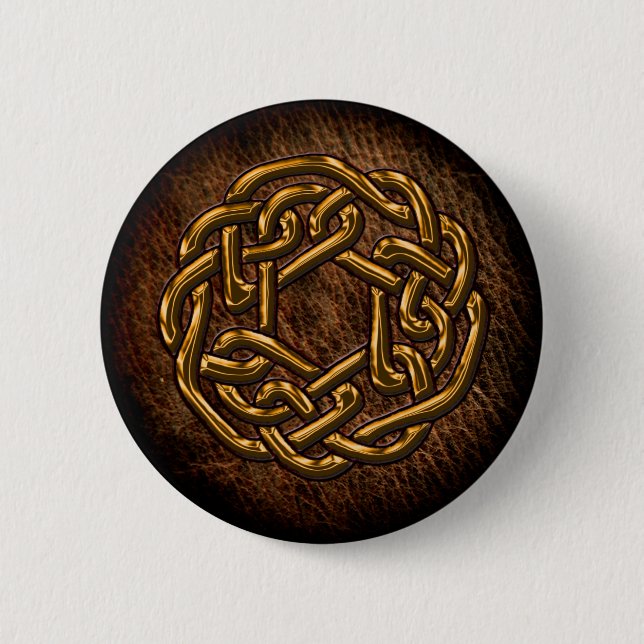Golden celtic ornament on leather 6 cm round badge (Front)