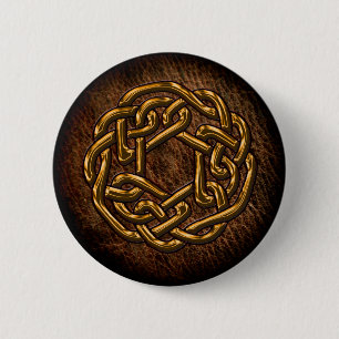 Golden celtic ornament on leather 6 cm round badge