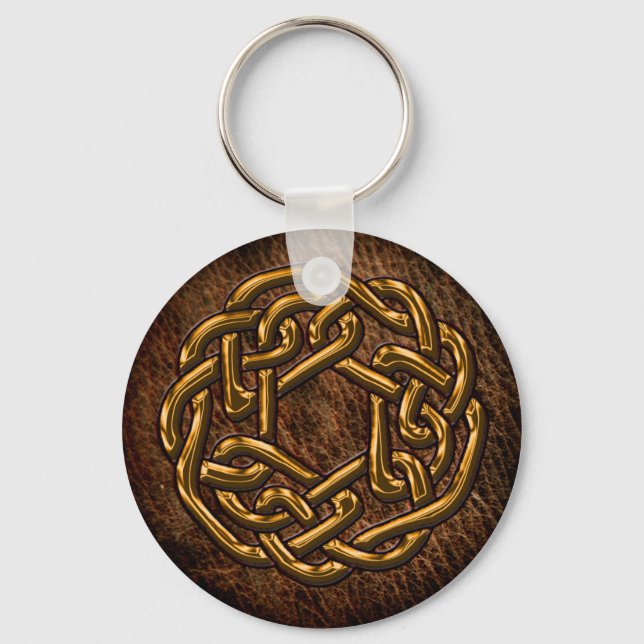 Golden celtic ornament on leather key ring (Front)