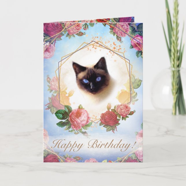 Golden Ceremonial Summer Rose Floral Cat Card (Front)