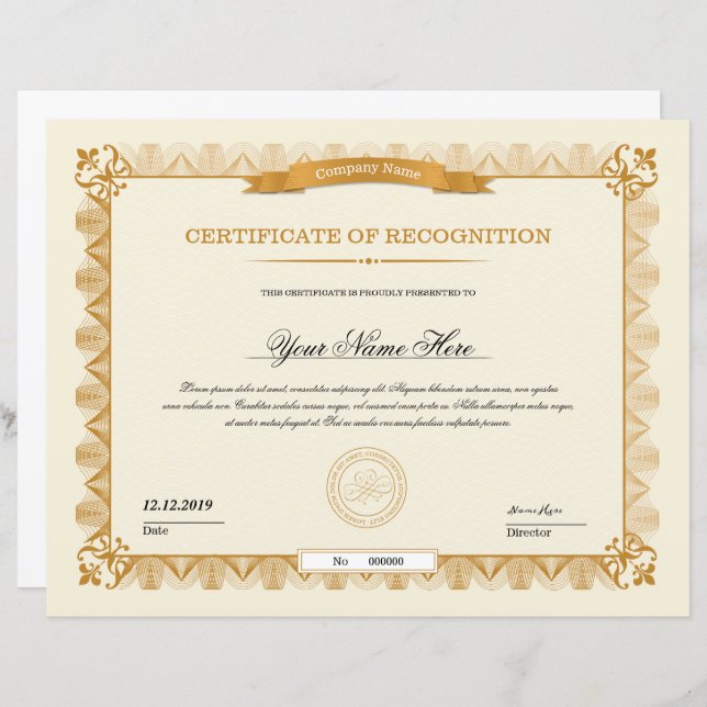 Golden Certificate of Appreciation Template  (Front/Back)