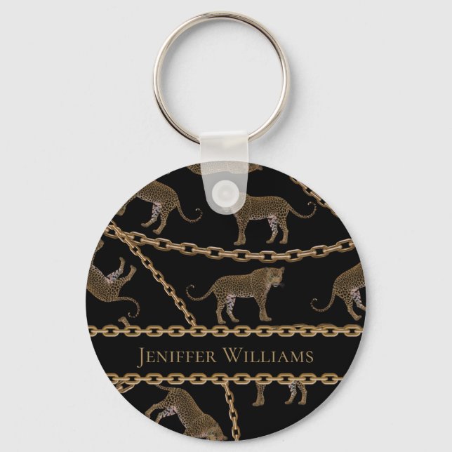 Golden chain glamour leopard cheetah              key ring (Front)