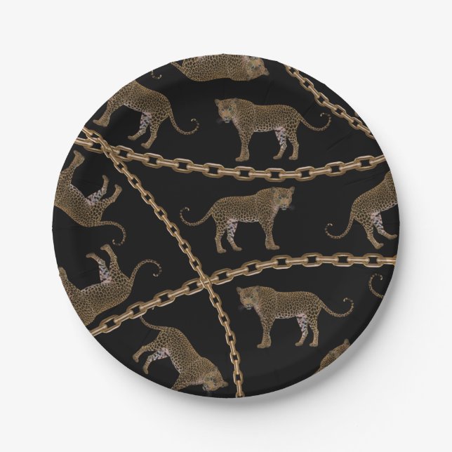 Golden chain glamour leopard cheetah paper plate (Front)
