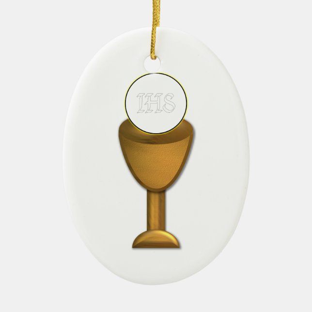 Golden Chalice and Host - Holy Communion Ceramic Tree Decoration (Front)
