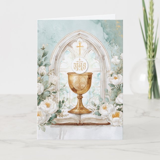 Golden Chalice & White Roses Priest Birthday  Card (Front)