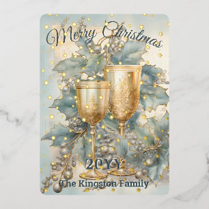 Golden Chalise Watercolor Holly Berries Christmas Foil Holiday Card