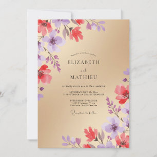 Golden Champagne Coral Wildflower Wedding Invitation