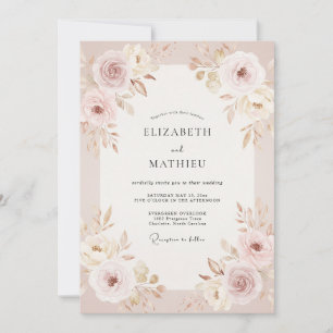 Golden Champagne Peony Painted Wedding Invitation