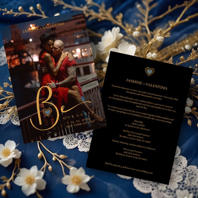 Golden Charm Heart in Blue Custom Photo Wedding Invitation (Golden Charm Heart in Blue Custom Photo Wedding Invitation Card with Envelope. )