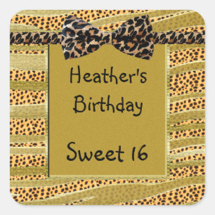 Golden Cheetah Sweet Sixteen Zebra Stripes Square Sticker