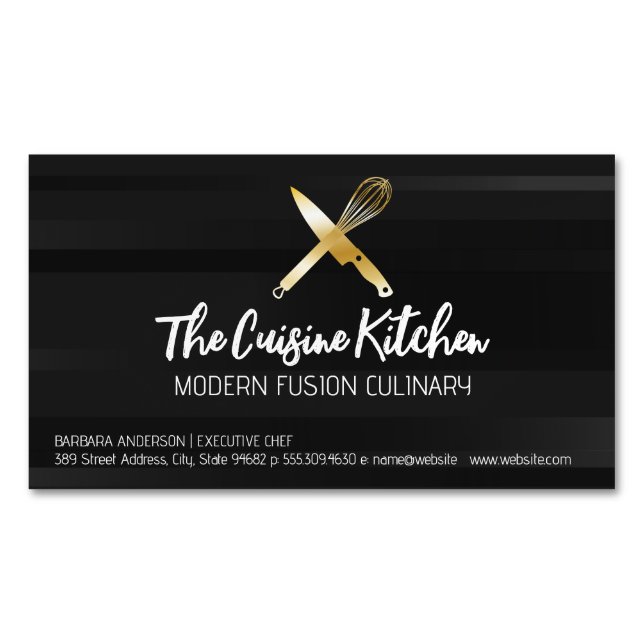 Golden Chef Knife Whisk Logo Magnetic Business Card (Front)