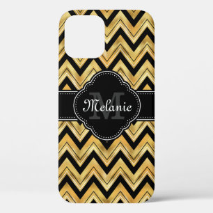 Golden Chevron Pattern Black White Monogram iPhone 12 Case