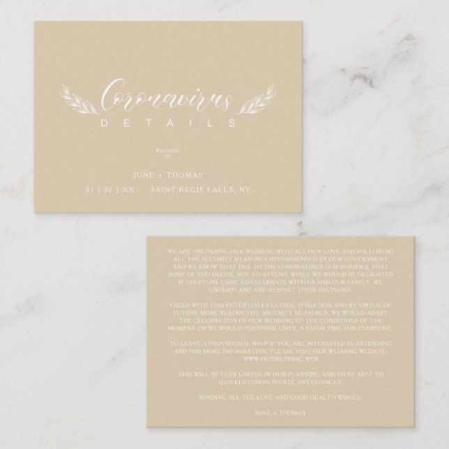 Golden Chic Wedding Minimalist Coronavirus Details Enclosure Card (Front/Back)