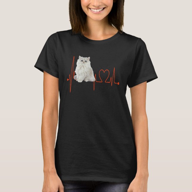 Golden Chinchilla Persian Cat Heartbeat EKG I Love T-Shirt (Front)