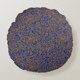 Golden Chinese Auspicious Clouds Pattern on Indigo Round Cushion