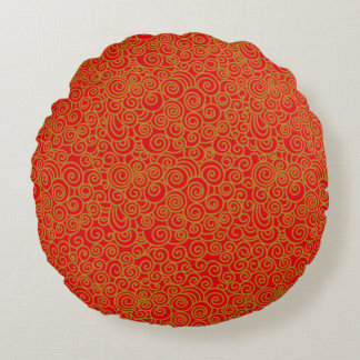 Golden Chinese Auspicious Clouds Pattern on Red Round Cushion
