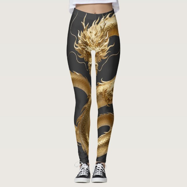 Golden Chinese Dragon Art | Mythical Creature Fant Leggings (Front)
