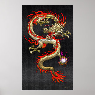 Golden Chinese Dragon Fucanglong on Black Silk Poster