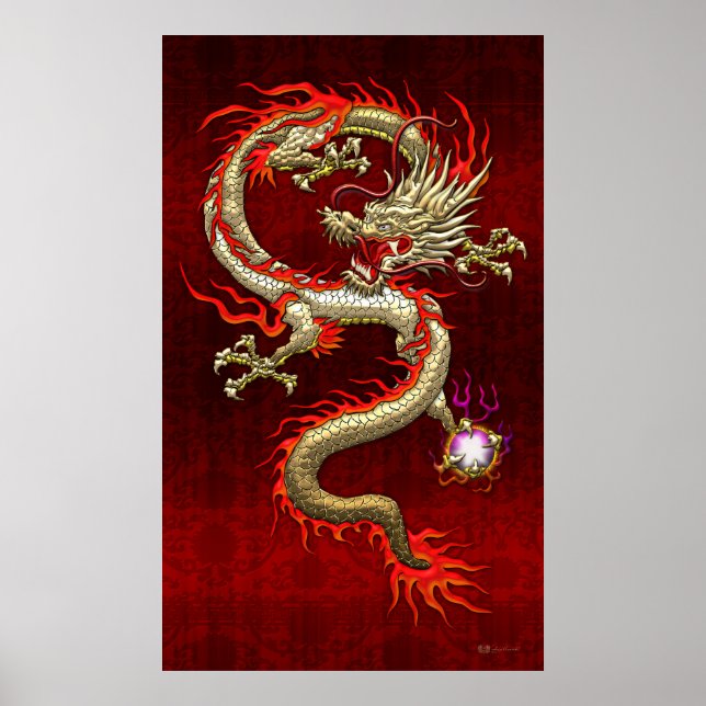 Golden Chinese Dragon Fucanglong on Red Silk Poster (Front)