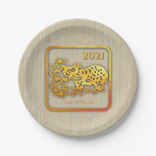 Golden Chinese Paper-cut Ox Year 2021 PP Paper Plate