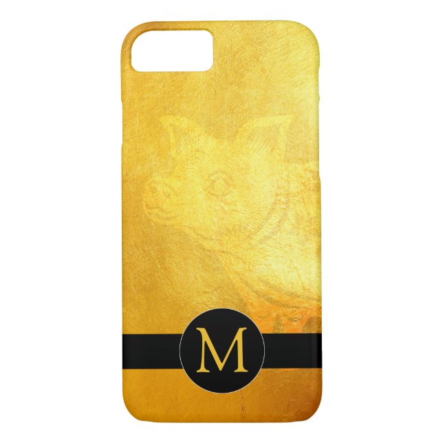 Golden Chinese Pig Papercut Monogram iPhone Case (Back)