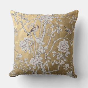 Golden Chinoiserie with Birds & Blooming Peony Cushion