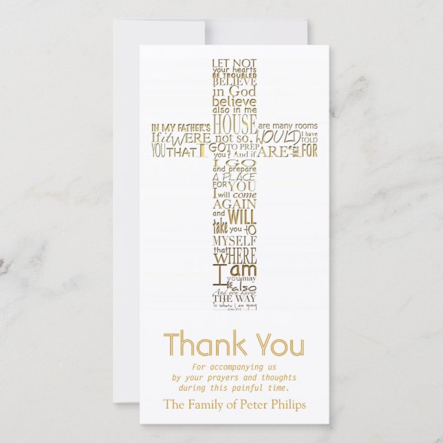 Golden Christian Cross John 14  Sympathy Thank You Card (Front)