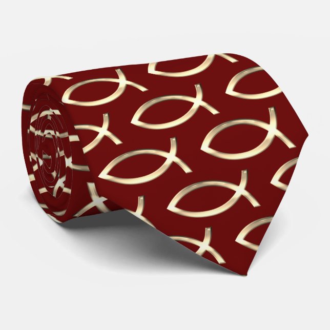 Golden Christian Fish | Dark Red Tie (Rolled)