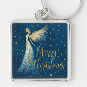 Golden Christmas Angel on Starry Navy Key Ring