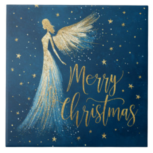Golden Christmas Angel on Starry Navy Tile