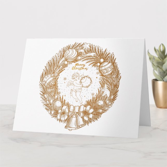 Golden Christmas Angel-Wreath-Merry Christmas   Card (Small Plant)