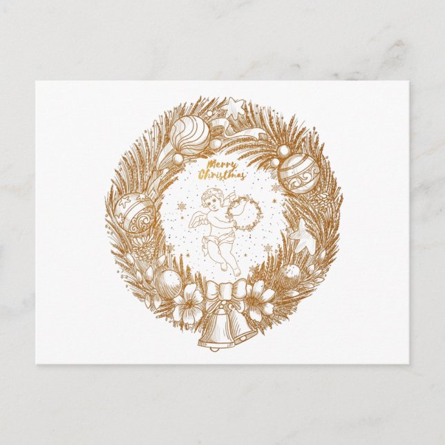Golden Christmas Angel-Wreath-Merry Christmas   Holiday Postcard (Front)