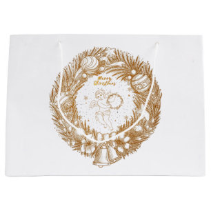 Golden Christmas Angel-Wreath-Merry Christmas   Large Gift Bag