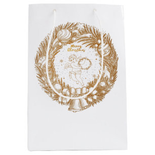 Golden Christmas Angel-Wreath-Merry Christmas Medium Gift Bag