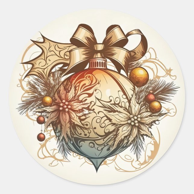 Golden Christmas Ball Ornament Round Sticker (Front)