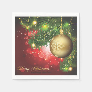 Golden Christmas Balls & Pine Tree Branches Paper Napkin