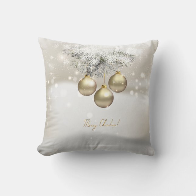 Golden Christmas Balls & Silver Pine Tree Branches Cushion (Front)
